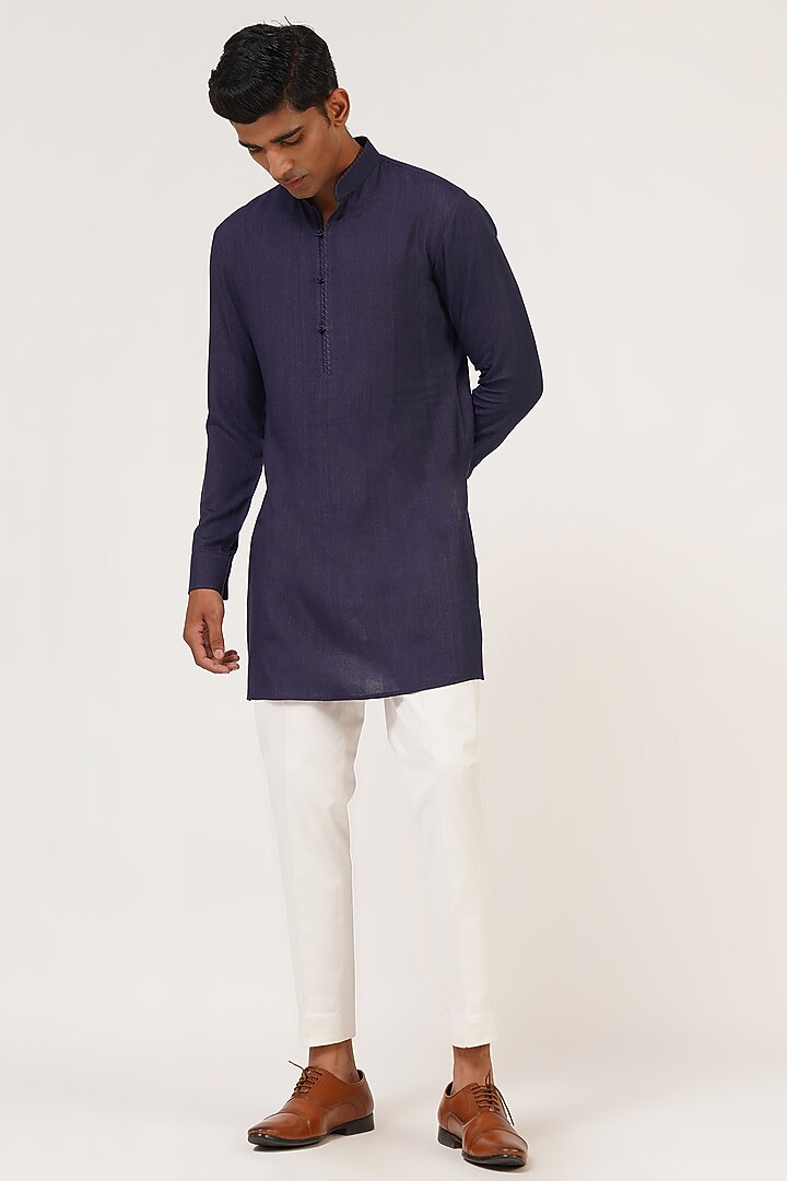 Navy Blue Silk Zari Embroidered Groom Indowestern Set by Dhruv Vaish at Pernia's Pop Up Shop