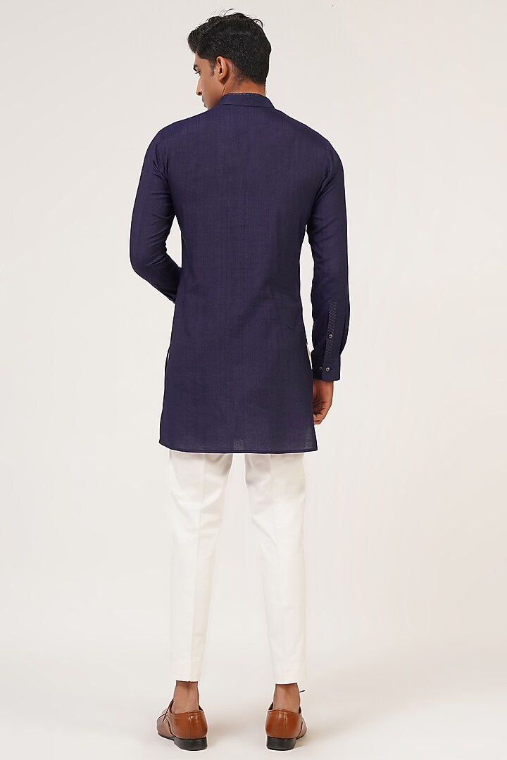 Navy Blue Silk Zari Embroidered Groom Indowestern Set by Dhruv Vaish at Pernia's Pop Up Shop