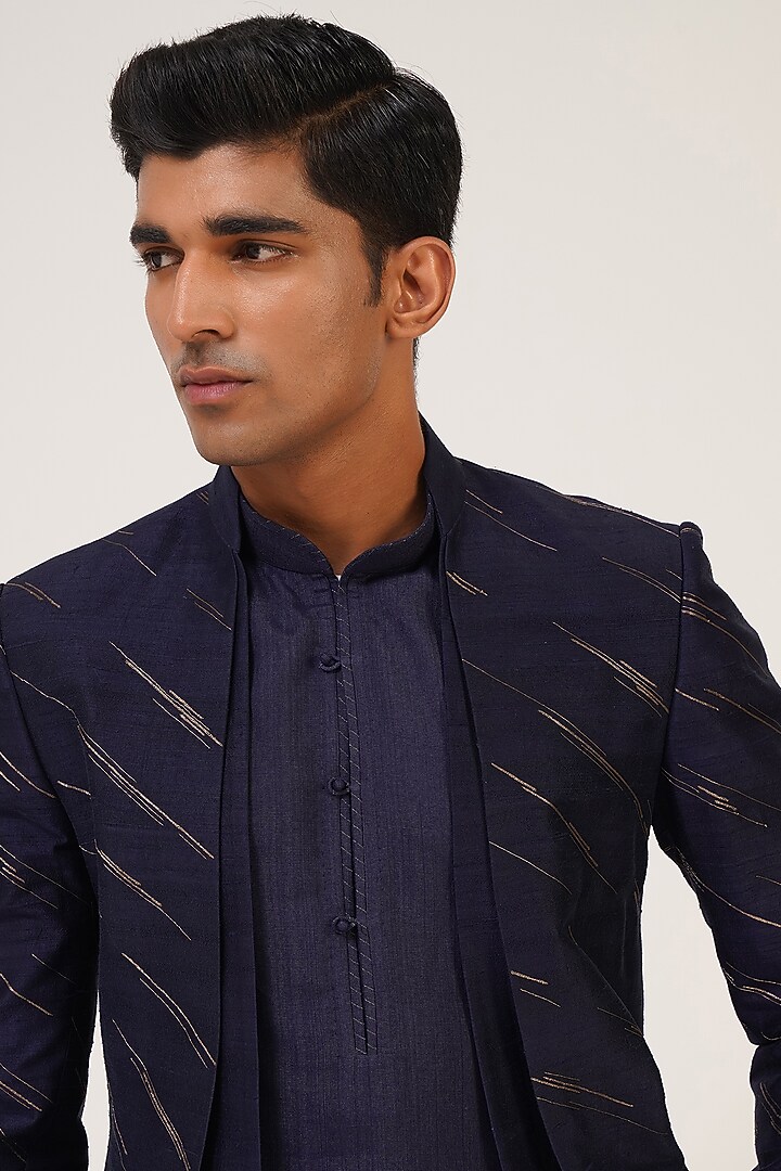 Navy Blue Silk Zari Embroidered Groom Indowestern Set by Dhruv Vaish at Pernia's Pop Up Shop