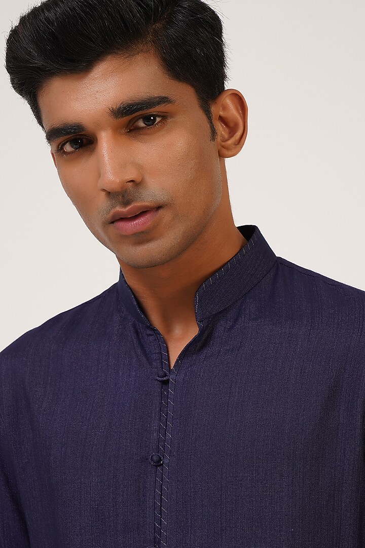 Navy Blue Silk Zari Embroidered Groom Indowestern Set by Dhruv Vaish at Pernia's Pop Up Shop