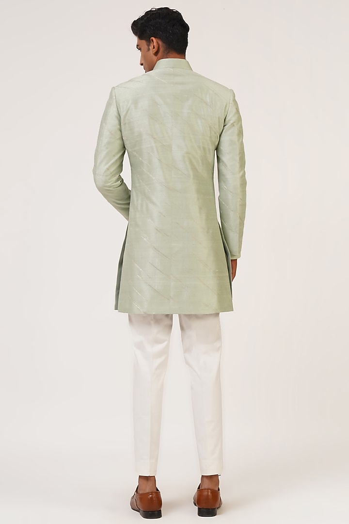 Jade Mist Silk Zari Embroidered Groom Indowestern Set by Dhruv Vaish at Pernia's Pop Up Shop