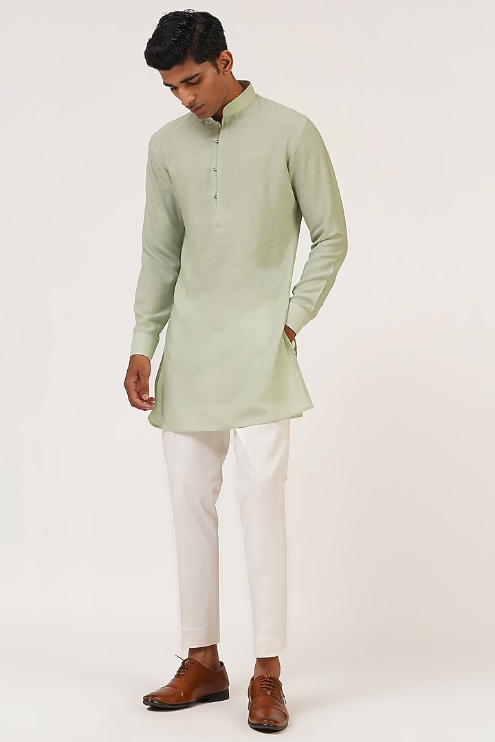 Jade Mist Silk Zari Embroidered Groom Indowestern Set by Dhruv Vaish at Pernia's Pop Up Shop