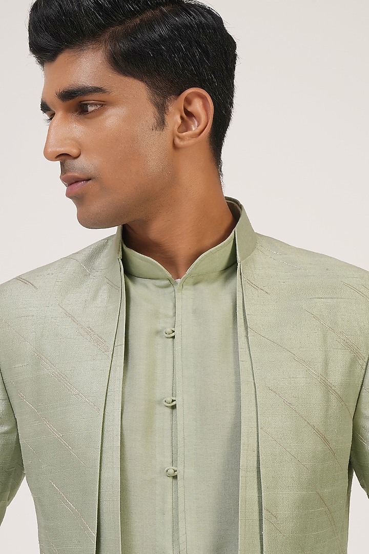 Jade Mist Silk Zari Embroidered Groom Indowestern Set by Dhruv Vaish at Pernia's Pop Up Shop