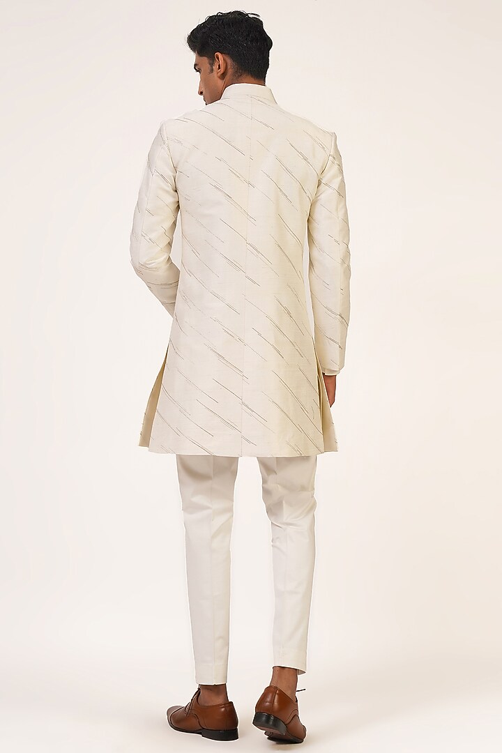 Ivory Silk Zari Embroidered Groom Indowestern Set by Dhruv Vaish at Pernia's Pop Up Shop