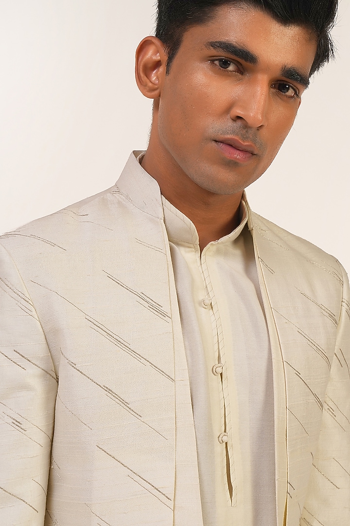 Ivory Silk Zari Embroidered Groom Indowestern Set by Dhruv Vaish at Pernia's Pop Up Shop