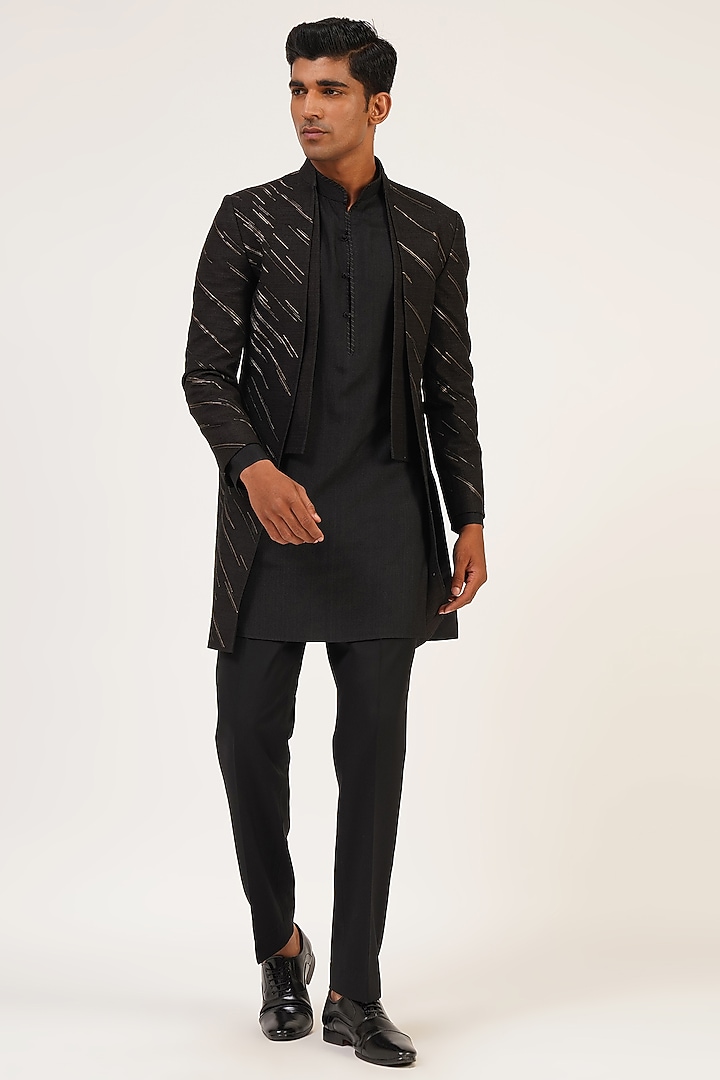 Black Silk Zari Embroidered Groom Indowestern Set by Dhruv Vaish at Pernia's Pop Up Shop