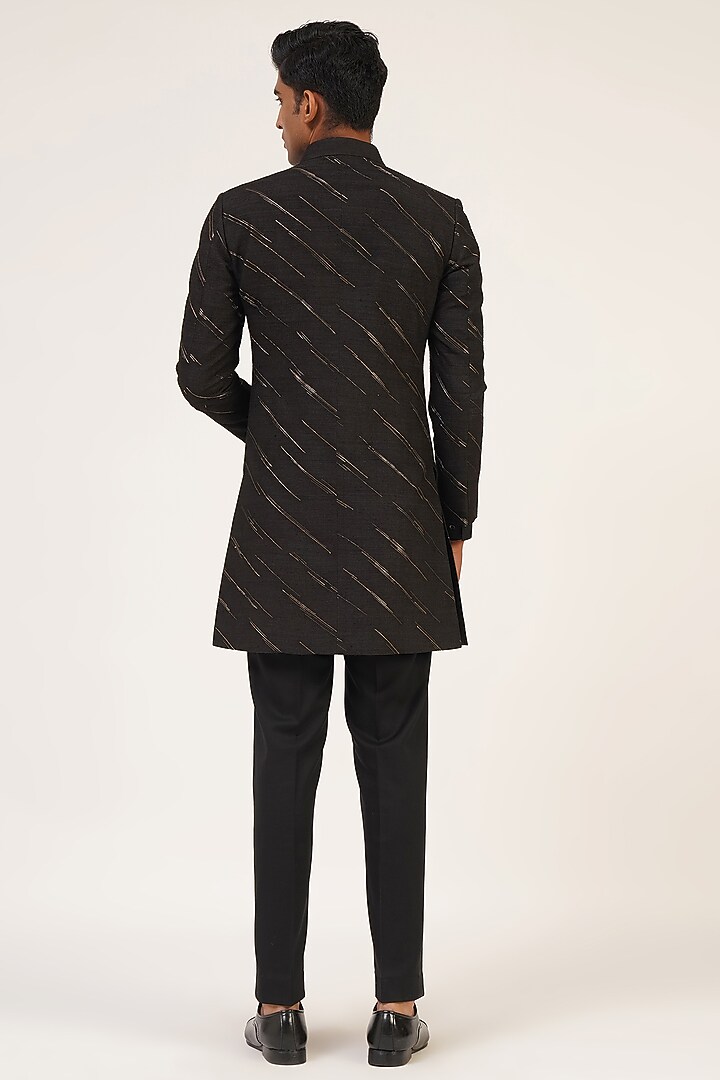 Black Silk Zari Embroidered Groom Indowestern Set by Dhruv Vaish at Pernia's Pop Up Shop