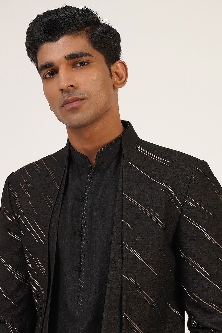 Black Silk Zari Embroidered Groom Indowestern Set by Dhruv Vaish at Pernia's Pop Up Shop