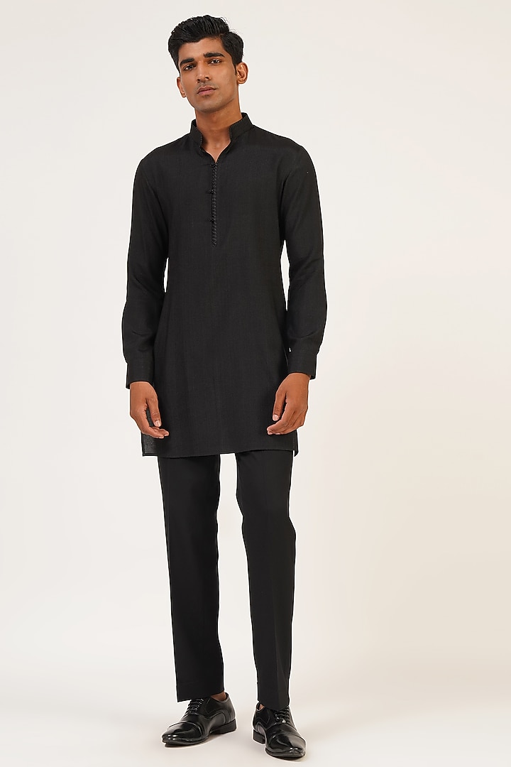 Black Silk Zari Embroidered Groom Indowestern Set by Dhruv Vaish at Pernia's Pop Up Shop