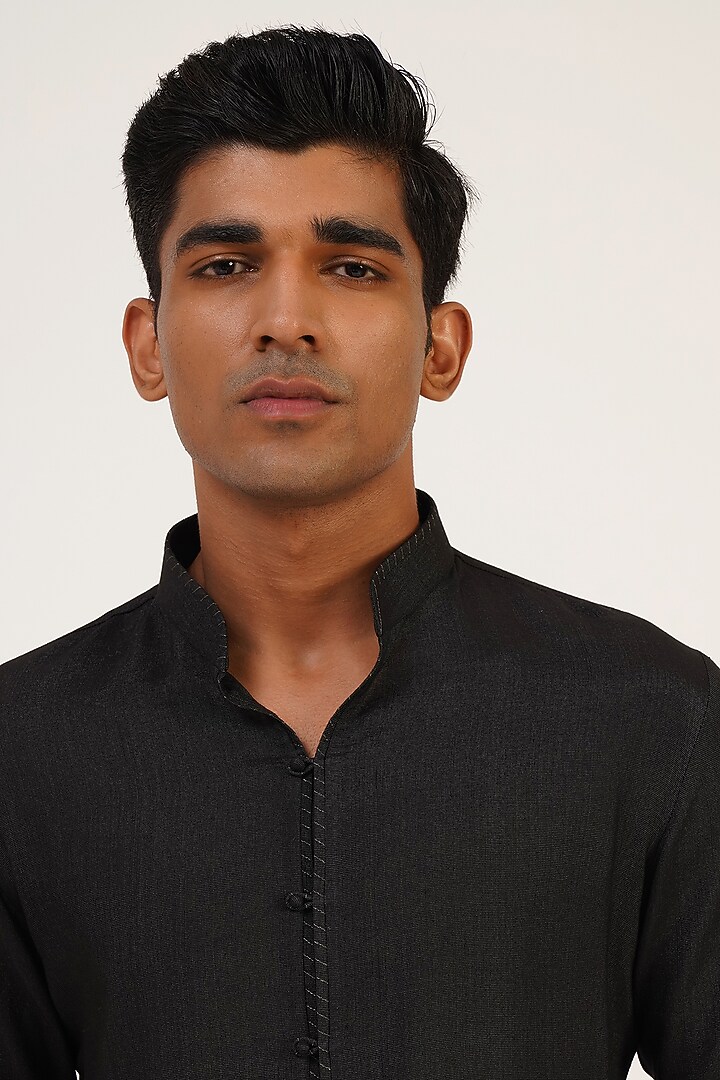 Black Silk Zari Embroidered Groom Indowestern Set by Dhruv Vaish at Pernia's Pop Up Shop