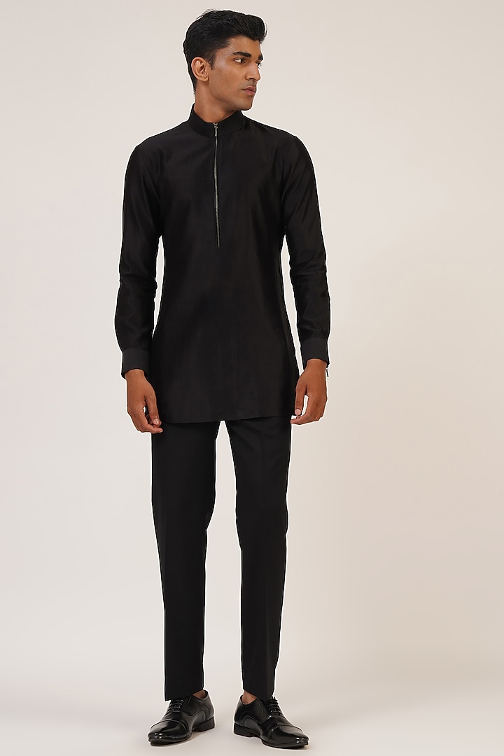 Black Silk Zari Embroidered Groom Indowestern Set by Dhruv Vaish at Pernia's Pop Up Shop