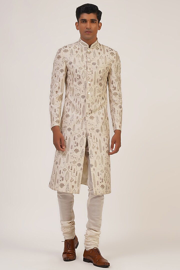 Silver Cream Silk Thread Embroidered Groom Sherwani Set by Dhruv Vaish at Pernia's Pop Up Shop