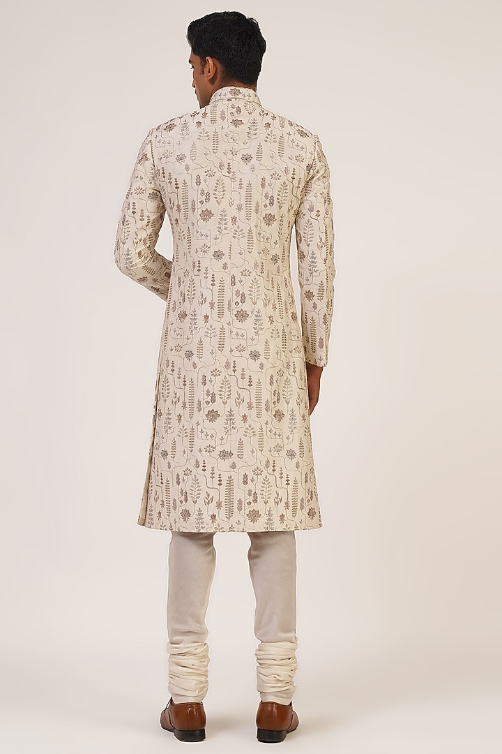 Silver Cream Silk Thread Embroidered Groom Sherwani Set by Dhruv Vaish at Pernia's Pop Up Shop