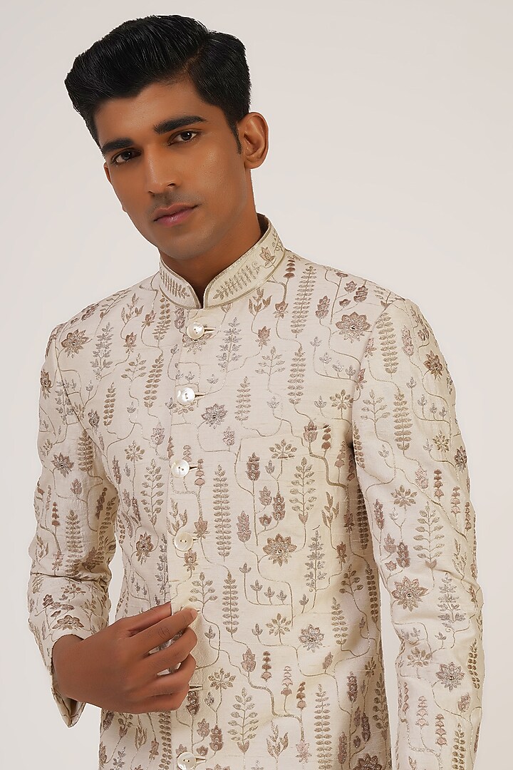 Silver Cream Silk Thread Embroidered Groom Sherwani Set by Dhruv Vaish at Pernia's Pop Up Shop