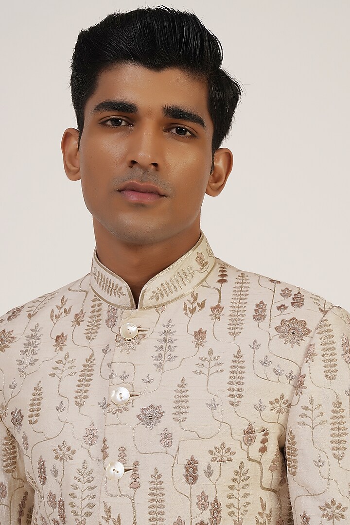 Silver Cream Silk Thread Embroidered Groom Sherwani Set by Dhruv Vaish at Pernia's Pop Up Shop