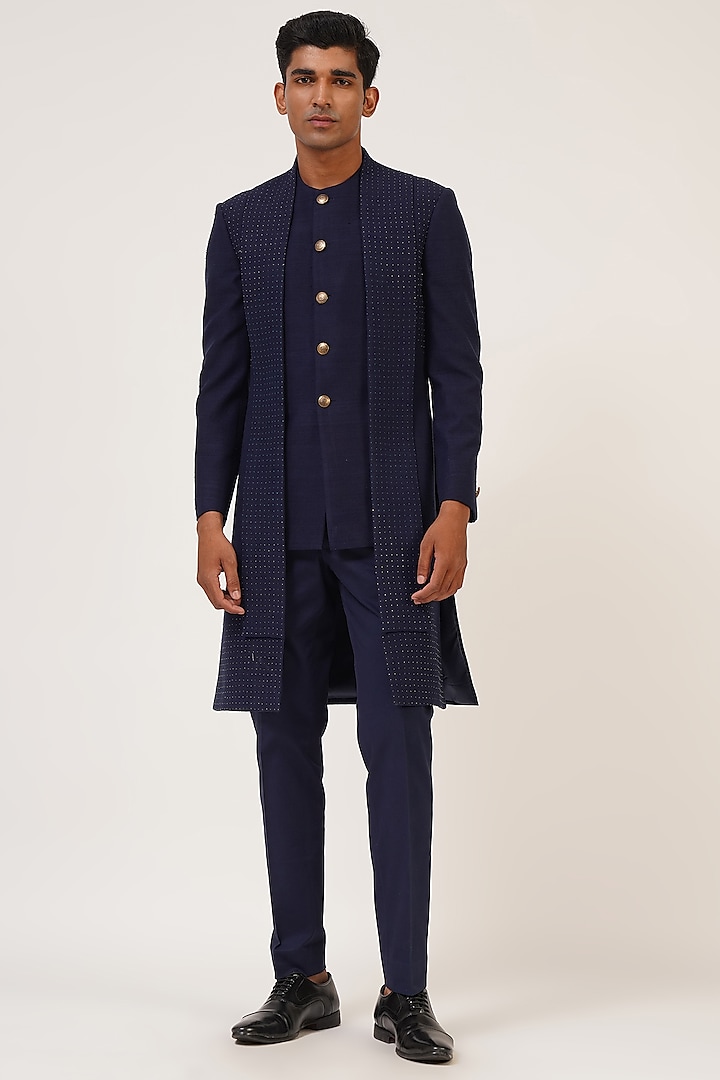 Navy Blue Silk French Knot Embroidered Sherwani Set by Dhruv Vaish