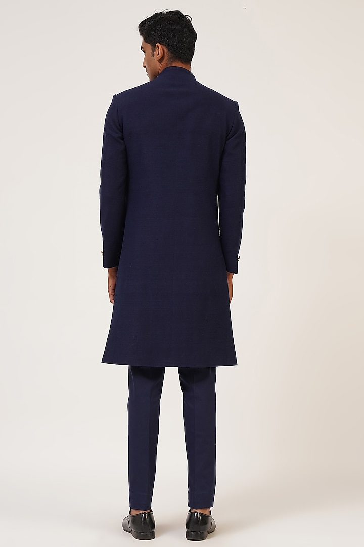 Navy Blue Silk French Knot Embroidered Wedding Sherwani Set by Dhruv Vaish at Pernia's Pop Up Shop