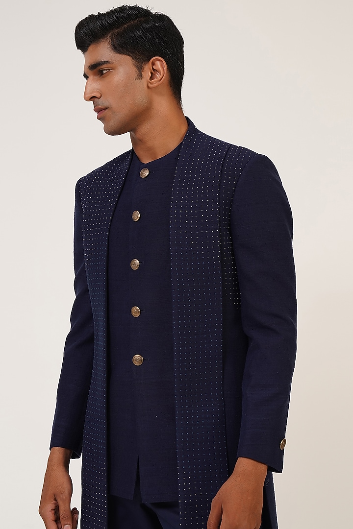 Navy Blue Silk French Knot Embroidered Wedding Sherwani Set by Dhruv Vaish at Pernia's Pop Up Shop