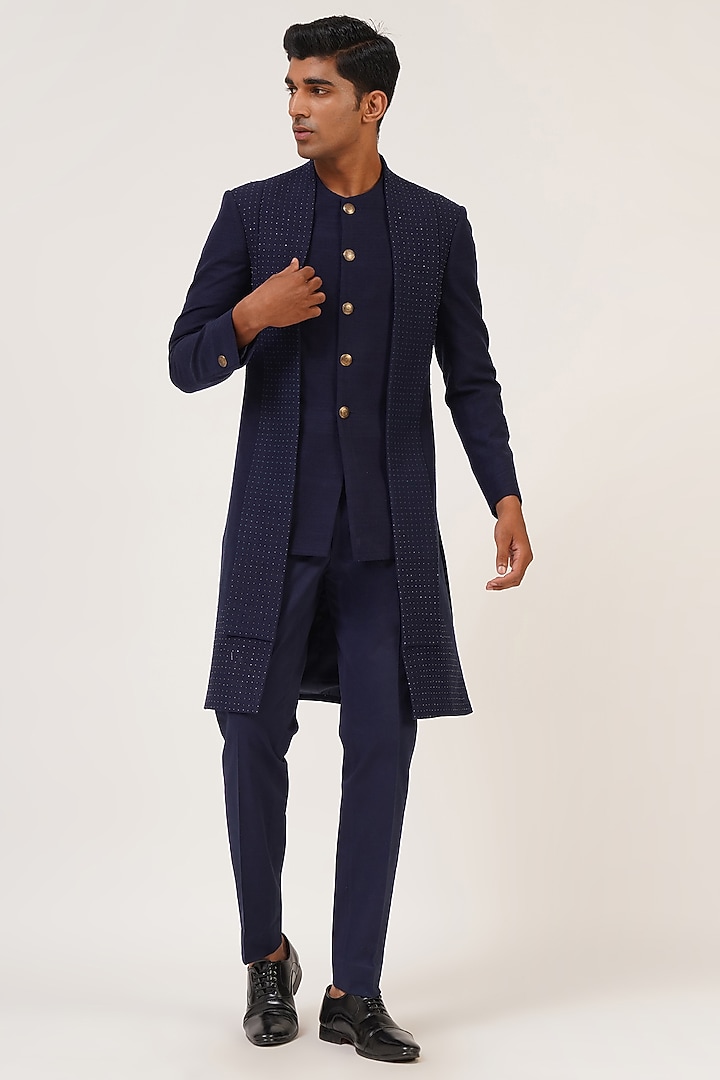 Navy Blue Silk French Knot Embroidered Wedding Sherwani Set by Dhruv Vaish at Pernia's Pop Up Shop