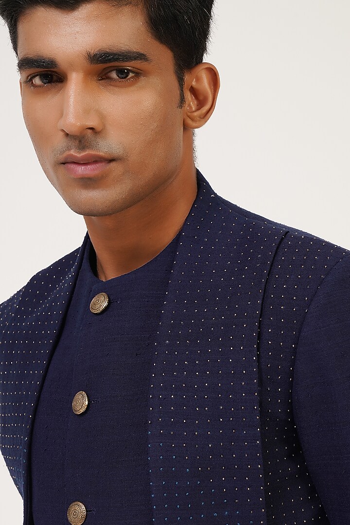 Navy Blue Silk French Knot Embroidered Wedding Sherwani Set by Dhruv Vaish at Pernia's Pop Up Shop
