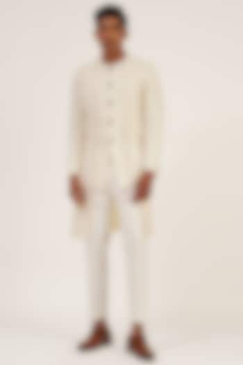 Ivory Silk French Knot Embroidered Sherwani Set by Dhruv Vaish