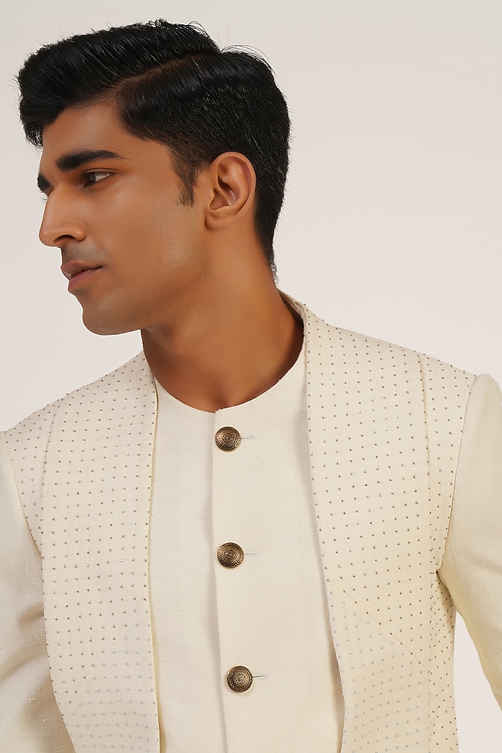 Ivory Silk French Knot Embroidered Wedding Sherwani Set by Dhruv Vaish at Pernia's Pop Up Shop
