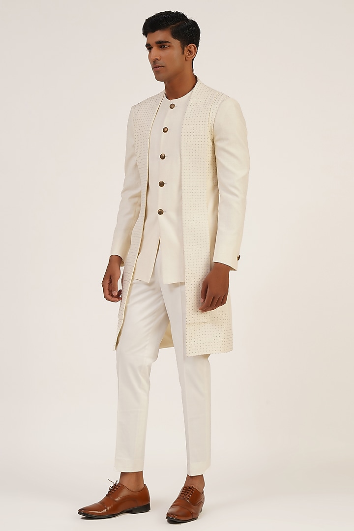 Ivory Silk French Knot Embroidered Wedding Sherwani Set by Dhruv Vaish at Pernia's Pop Up Shop