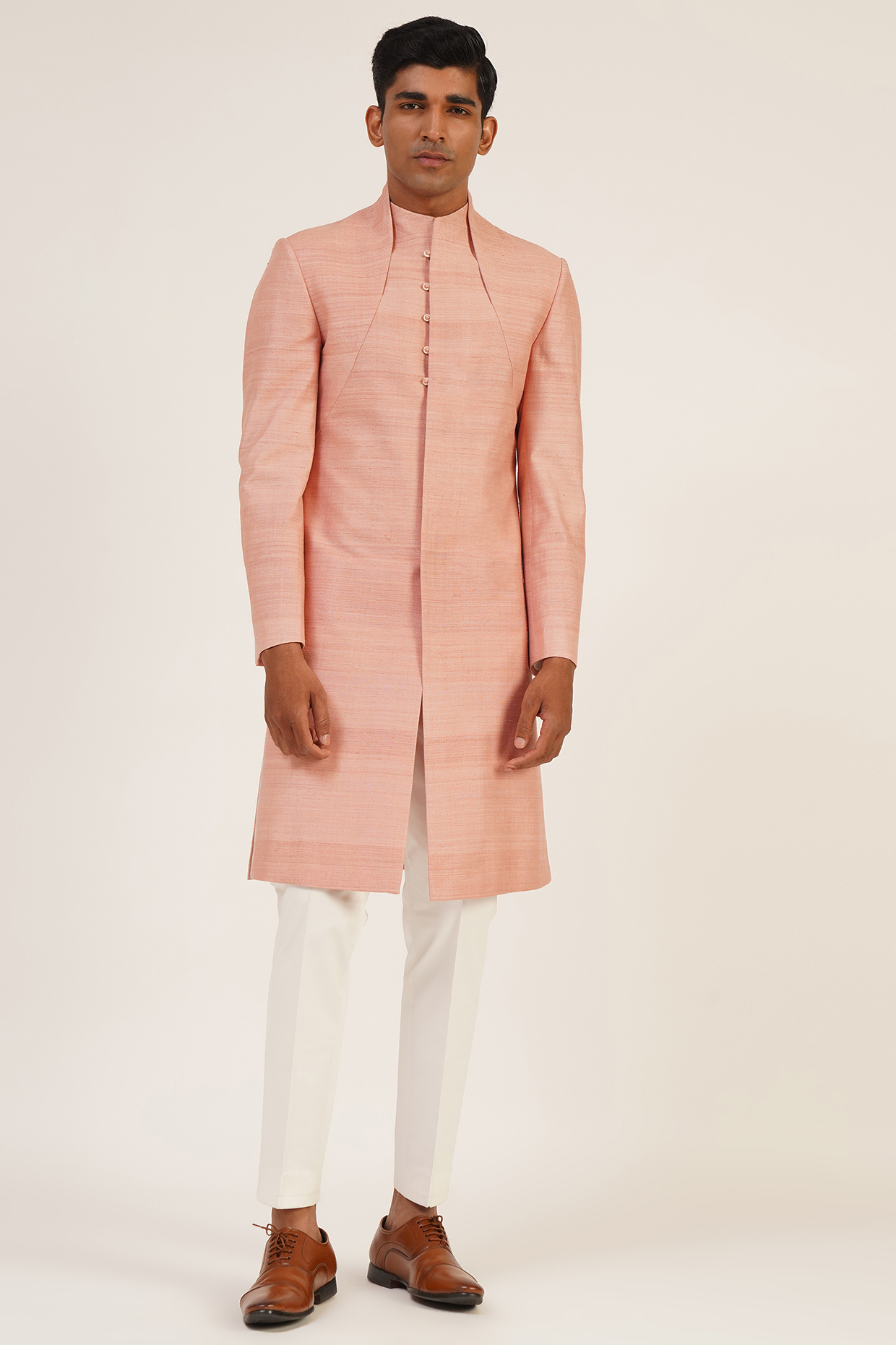 Sandrose Pink Silk French Knot Embroidered Sherwani by Dhruv Vaish