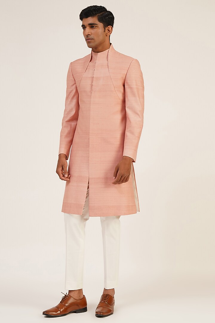 Sandrose Pink Silk French Knot Embroidered Wedding Sherwani by Dhruv Vaish at Pernia's Pop Up Shop