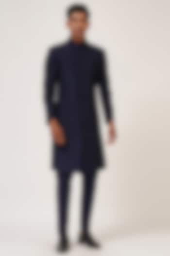 Navy Blue Silk Wedding Sherwani by Dhruv Vaish at Pernia's Pop Up Shop