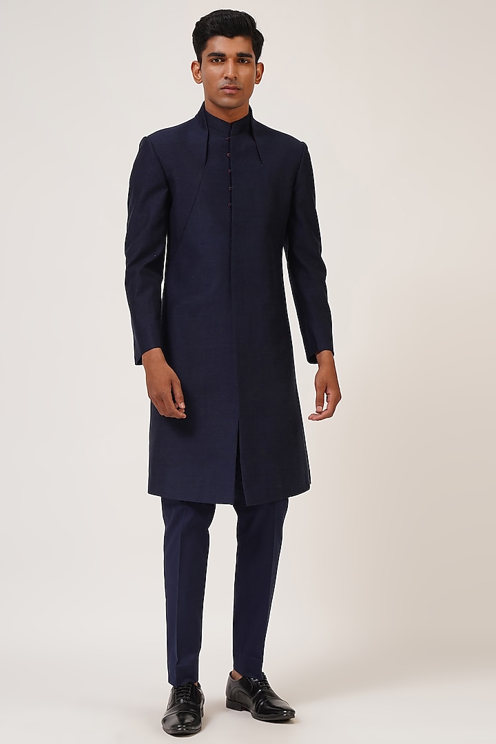 Navy Blue Silk Wedding Sherwani by Dhruv Vaish at Pernia's Pop Up Shop