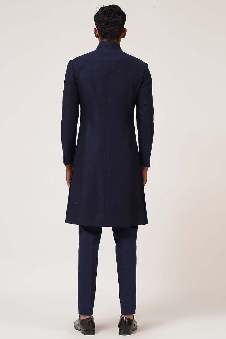 Navy Blue Silk Wedding Sherwani by Dhruv Vaish at Pernia's Pop Up Shop