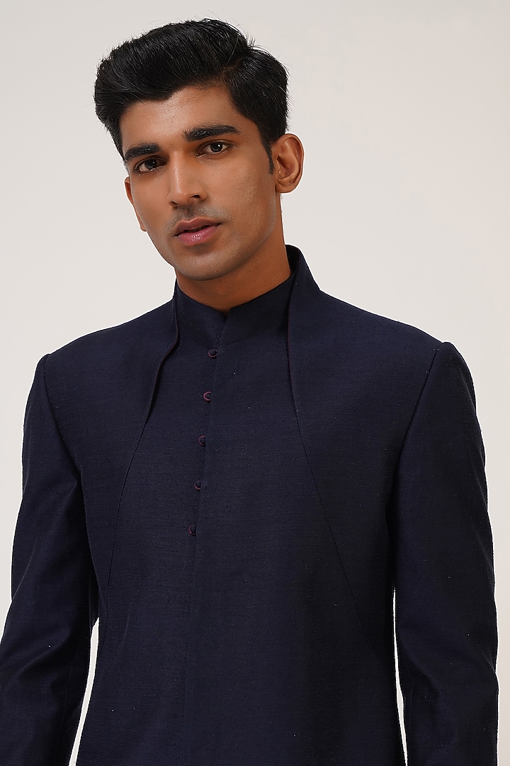 Navy Blue Silk Wedding Sherwani by Dhruv Vaish at Pernia's Pop Up Shop