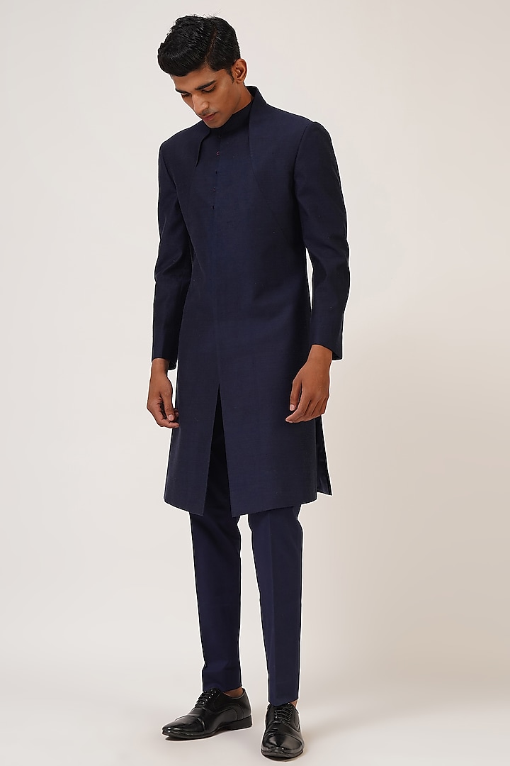 Navy Blue Silk Wedding Sherwani by Dhruv Vaish at Pernia's Pop Up Shop