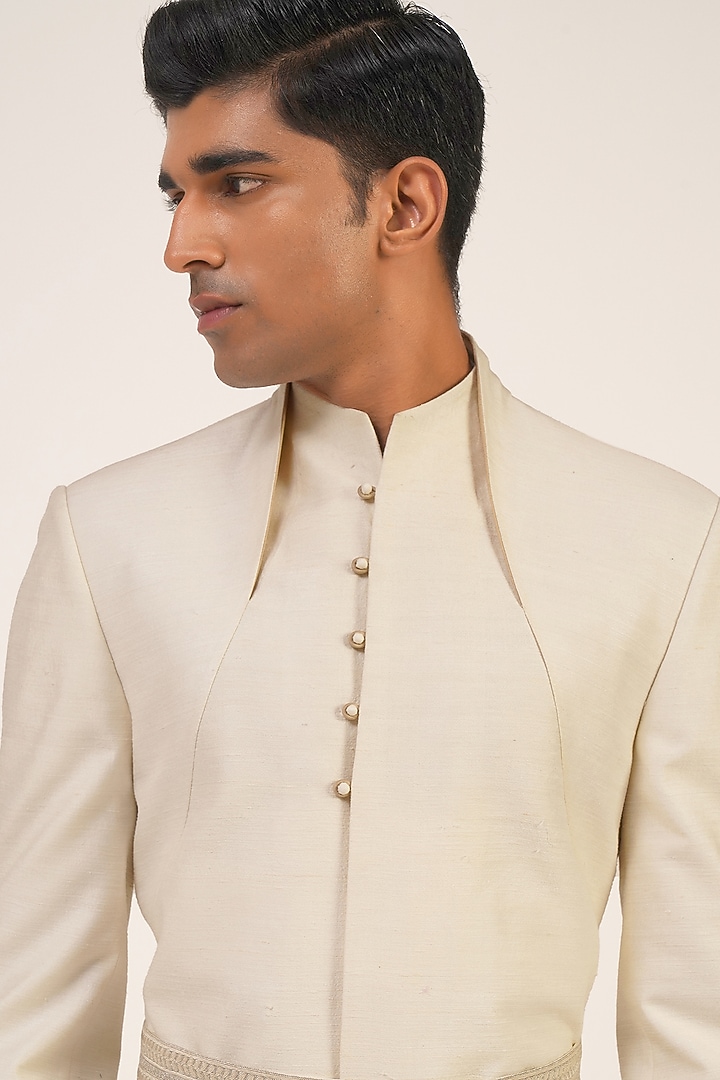 Ivory Silk Wedding Sherwani by Dhruv Vaish at Pernia's Pop Up Shop
