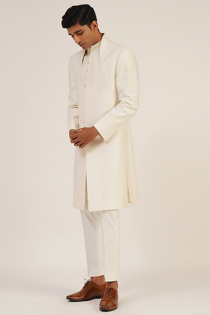 Ivory Silk Wedding Sherwani by Dhruv Vaish at Pernia's Pop Up Shop