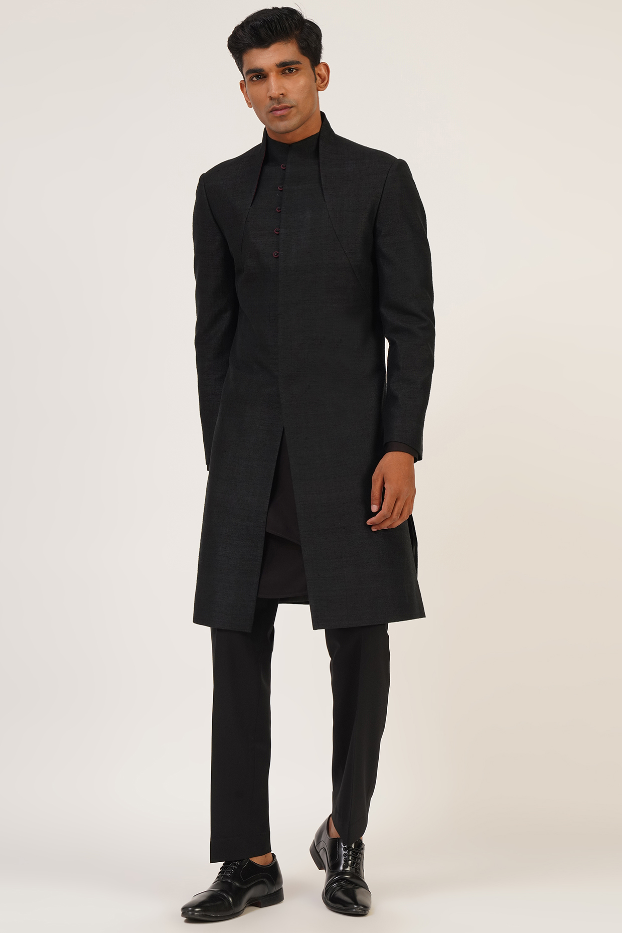 Black Silk Sherwani by Dhruv Vaish