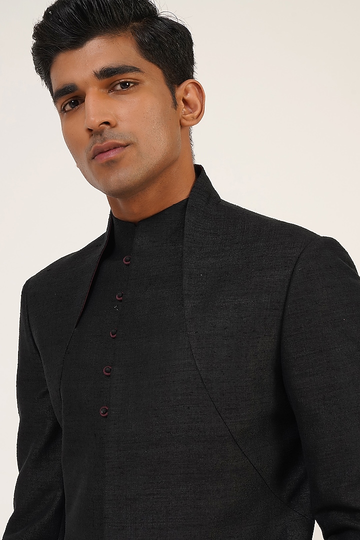 Black Silk Wedding Sherwani by Dhruv Vaish at Pernia's Pop Up Shop