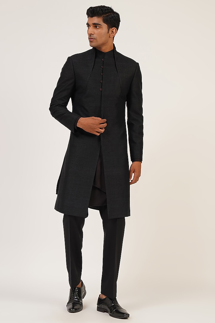 Black Silk Wedding Sherwani by Dhruv Vaish at Pernia's Pop Up Shop
