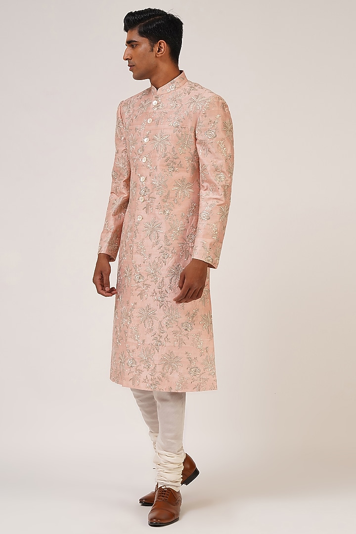 Sandrose Silk Embroidered Groom Sherwani Set by Dhruv Vaish at Pernia's Pop Up Shop