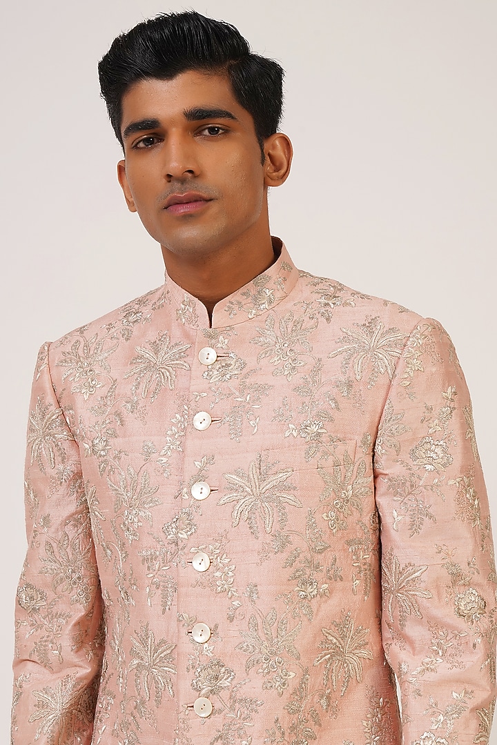 Sandrose Silk Embroidered Groom Sherwani Set by Dhruv Vaish at Pernia's Pop Up Shop
