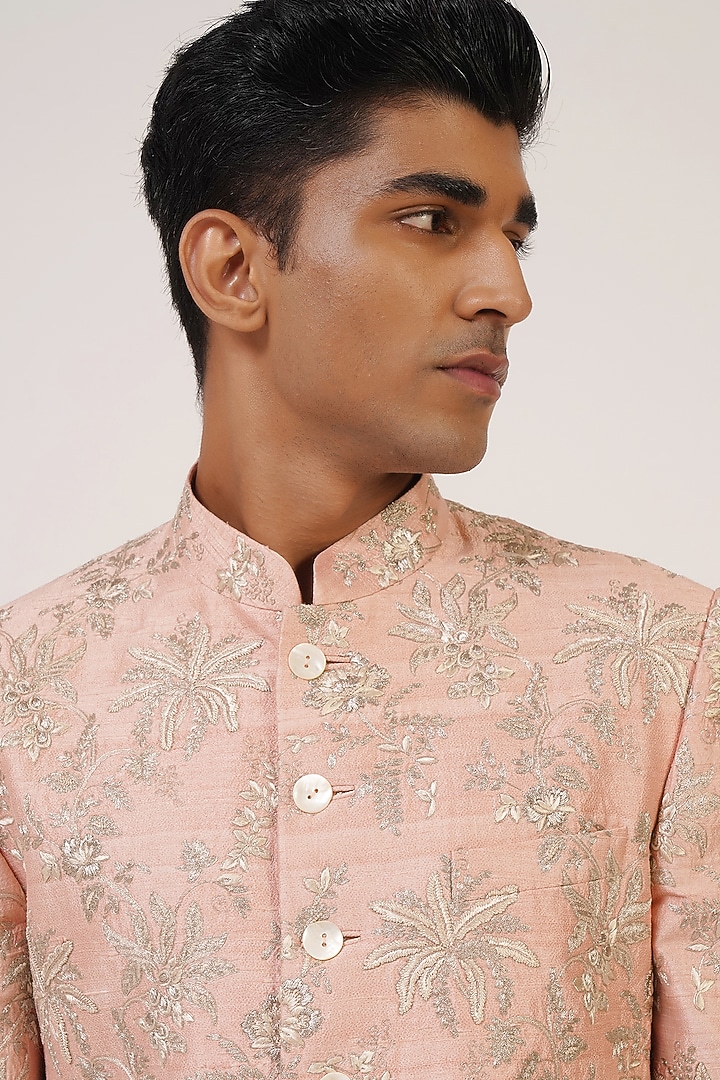 Sandrose Silk Embroidered Groom Sherwani Set by Dhruv Vaish at Pernia's Pop Up Shop