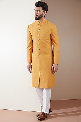Ochre Silk Panelled Sherwani Set by Dhruv Vaish