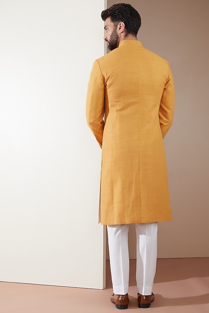 Ochre Silk Panelled Wedding Sherwani Set by Dhruv Vaish at Pernia's Pop Up Shop