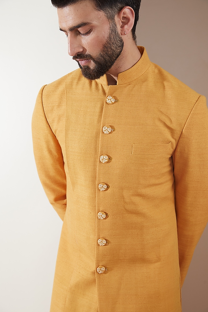 Ochre Silk Panelled Wedding Sherwani Set by Dhruv Vaish at Pernia's Pop Up Shop