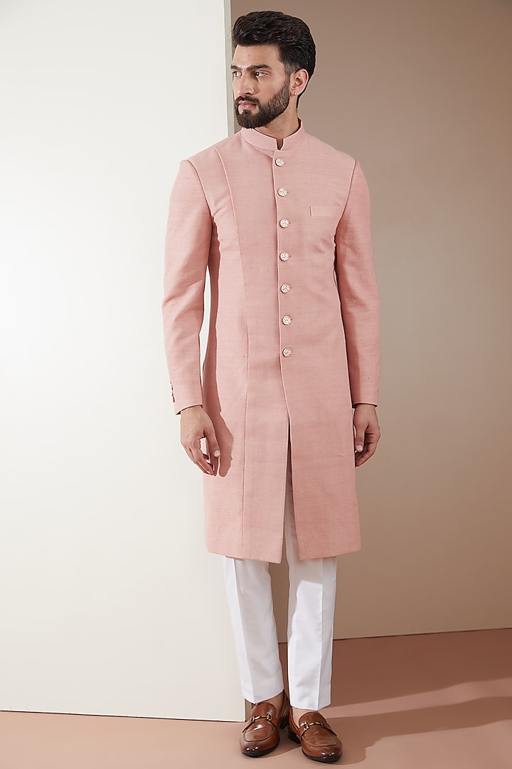 Sandrose Pink Silk Panelled Sherwani Set by Dhruv Vaish