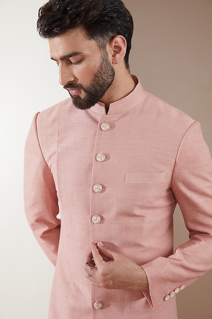 Sandrose Pink Silk Panelled Wedding Sherwani Set by Dhruv Vaish at Pernia's Pop Up Shop