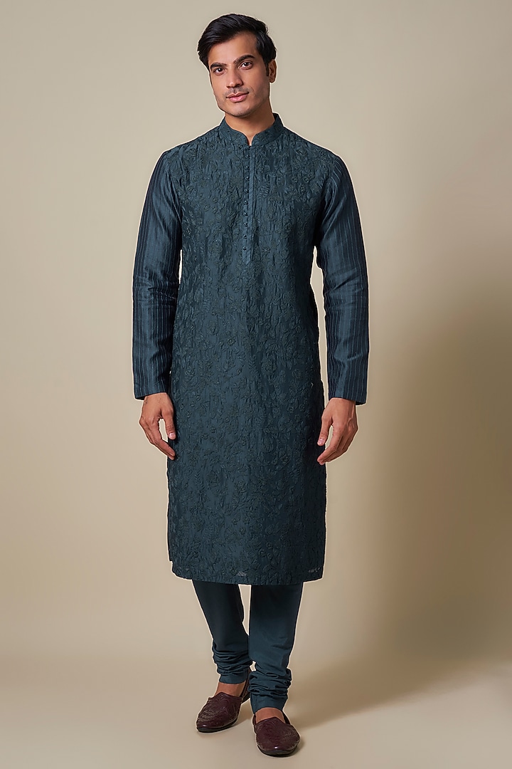 Yale Blue Silk Kurta Set by Dhruv Vaish at Pernia's Pop Up Shop