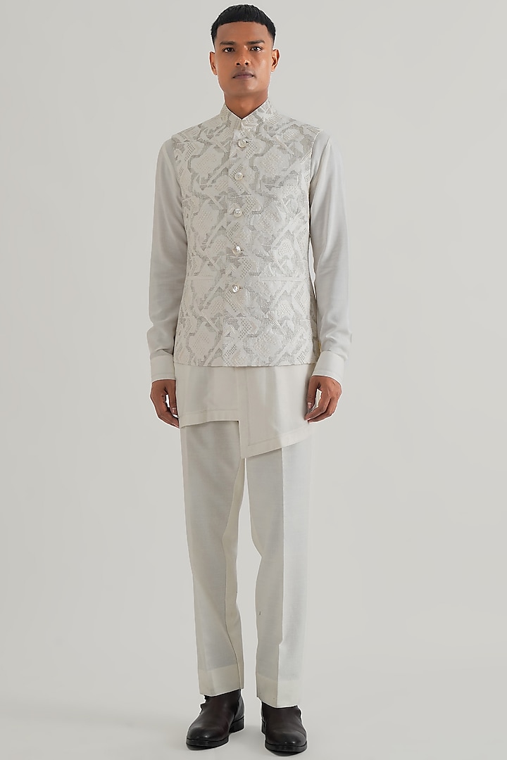 Ivory Silk Criss-Cross Embroidered Nehru Jacket by Dhruv Vaish