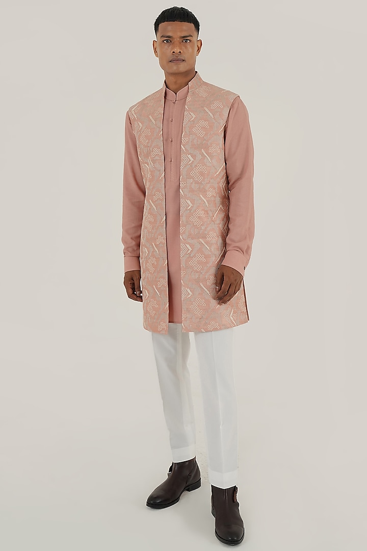 Onion Pink Silk Thread Embroidered Nehru Jacket by Dhruv Vaish at Pernia's Pop Up Shop